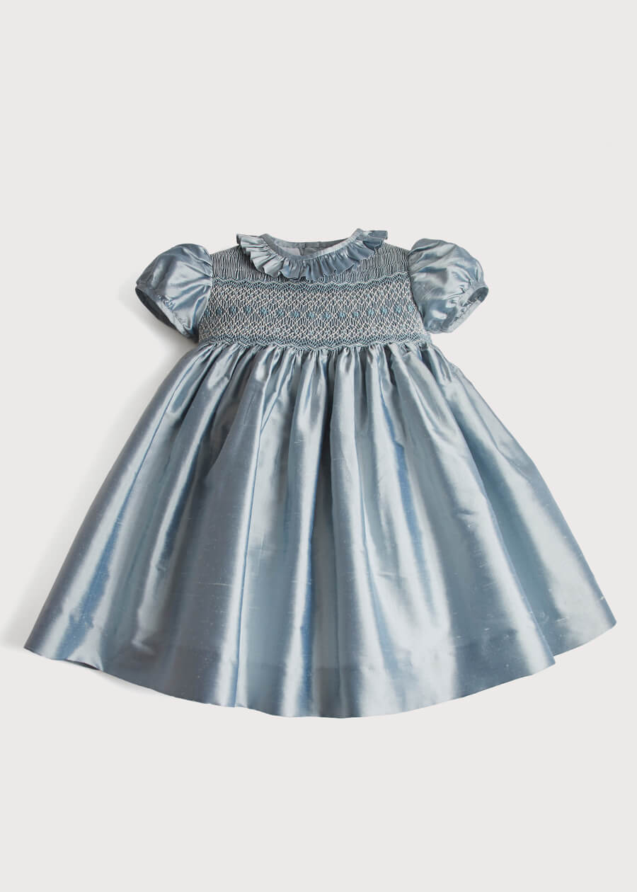 Girls Silk Hand Smocked Celebration Dress in Blue (6mths-10yrs) Dresses from Pepa London