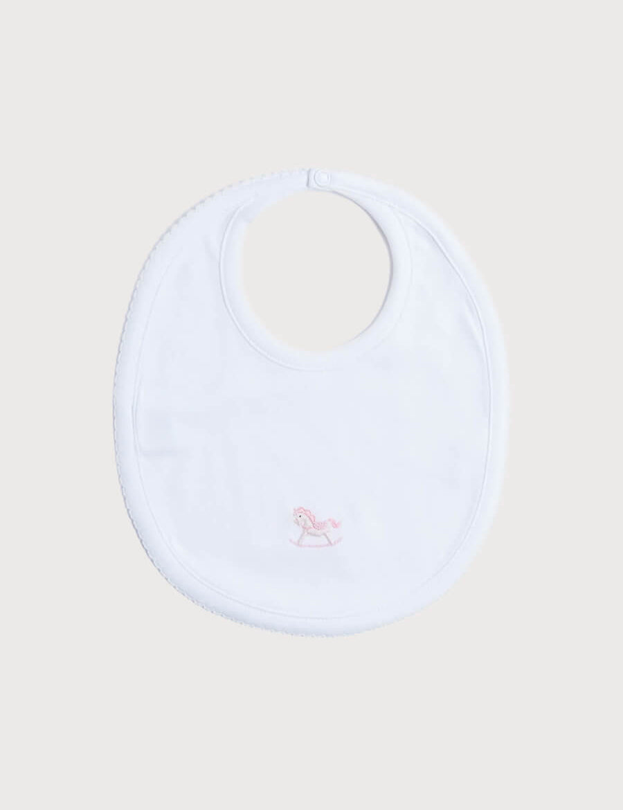 White Bib with Pink Embroidered Rocking Horse Accessories from Pepa London