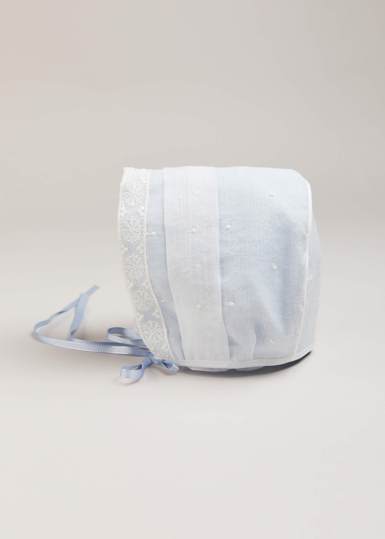 Lace Trim Embroidered Bonnet in Pale Blue (3mths-2yrs) Bonnets  from Pepa London