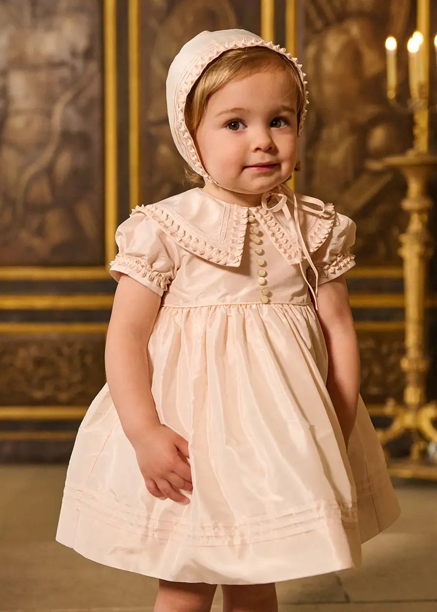 The Royal Silk Dress with Bloomers in Rose (6mths-3yrs) Dresses from Pepa London