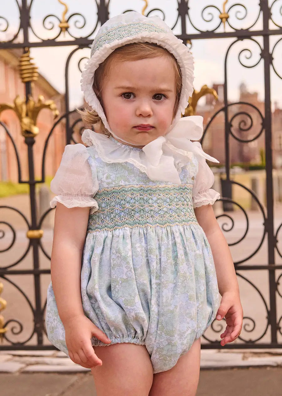 The Regency Floral Organza Romper in Green (6mths-3yrs) Rompers from Pepa London