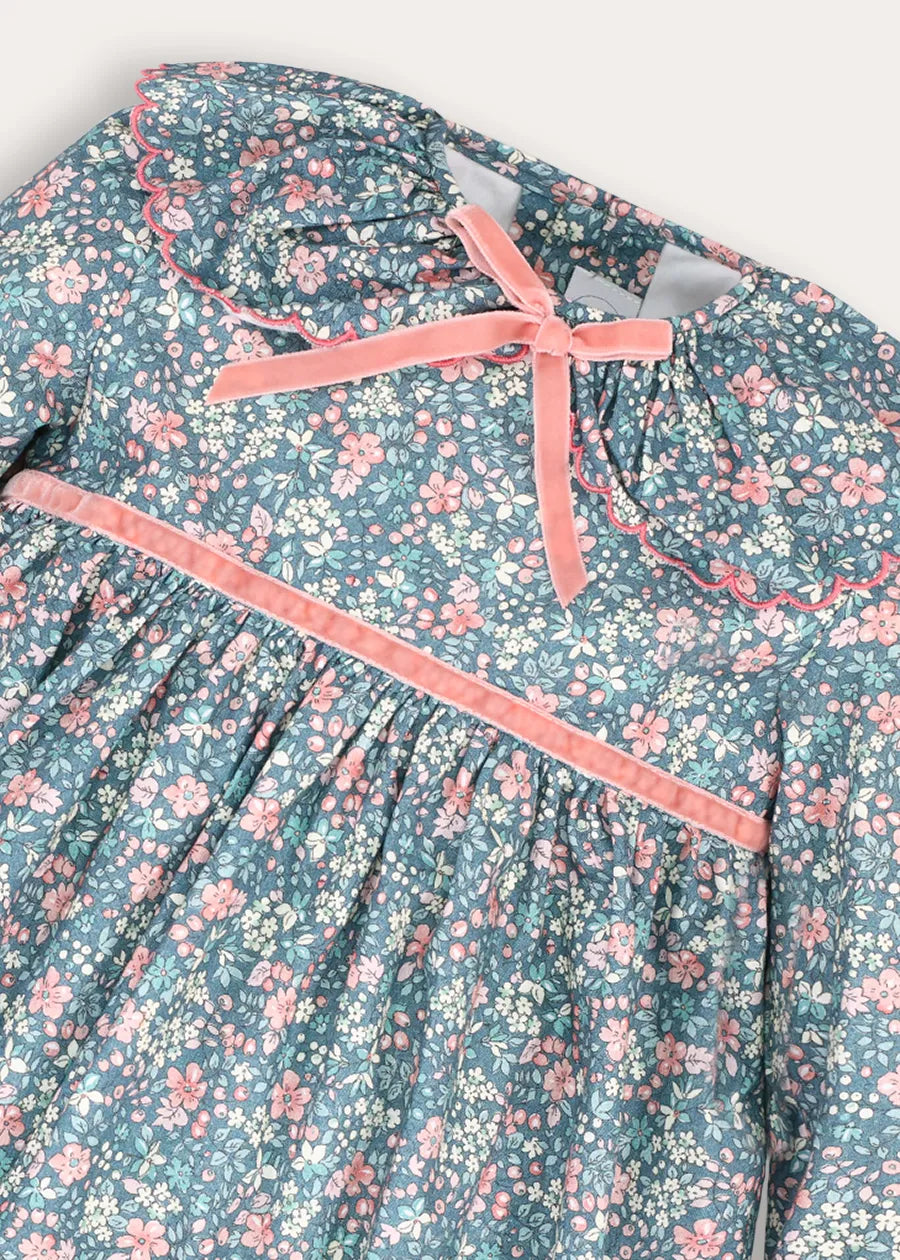 Beatrice Floral Long Sleeve Frill Collar Dress in Teal (18mths-10yrs)