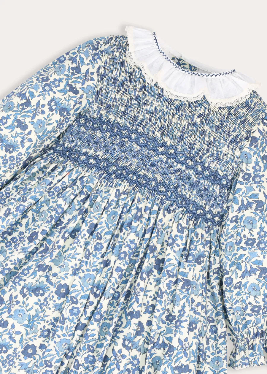 Daphne Floral Hand Smocked Frill Collar Long Sleeve Dress in Blue (18mths-10yrs)