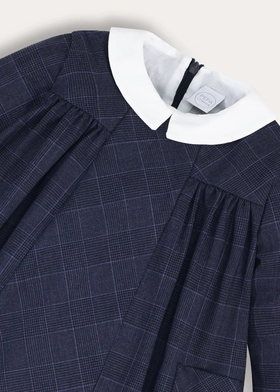 Fitzroy Check Oxford Collar Long Sleeve Dress in Navy (18mths-10yrs) Dresses from Pepa London
