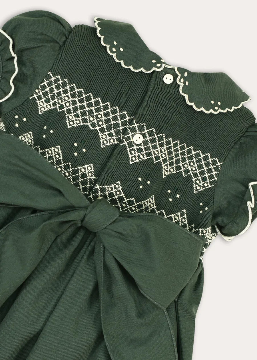 The Icon Hand Smocked Peter Pan Collar Short Sleeve Dress in Racing Green (18mths-10yrs) Dresses from Pepa London