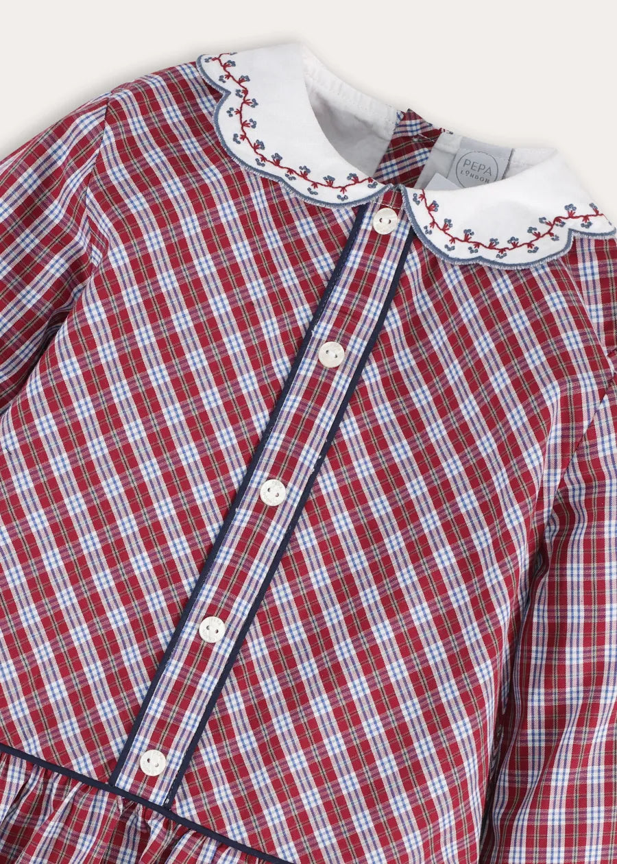 Arlington Check Long Sleeve Drop Waist Embroidered Dress in Burgundy (18mths-10yrs) Dresses from Pepa London