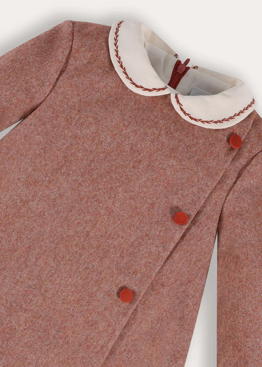 Plain Long Sleeve Embroidered Collar Dress in Dusty Rose Pink (18mths-10yrs) Dresses from Pepa London