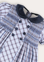 Kingsley Check Hand Smocked Double Breasted Short Sleeve Dress in Blue (18mths-10yrs) Dresses from Pepa London