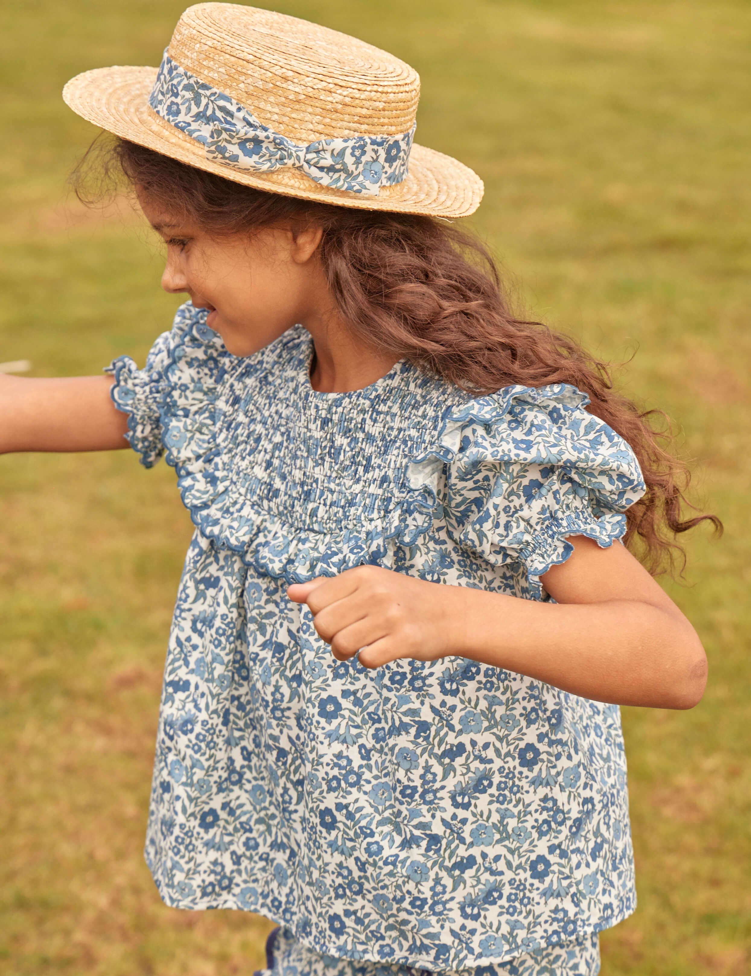 Daphne Floral Print Bow Detail Straw Hat in Blue (XS-M) Accessories  from Pepa London