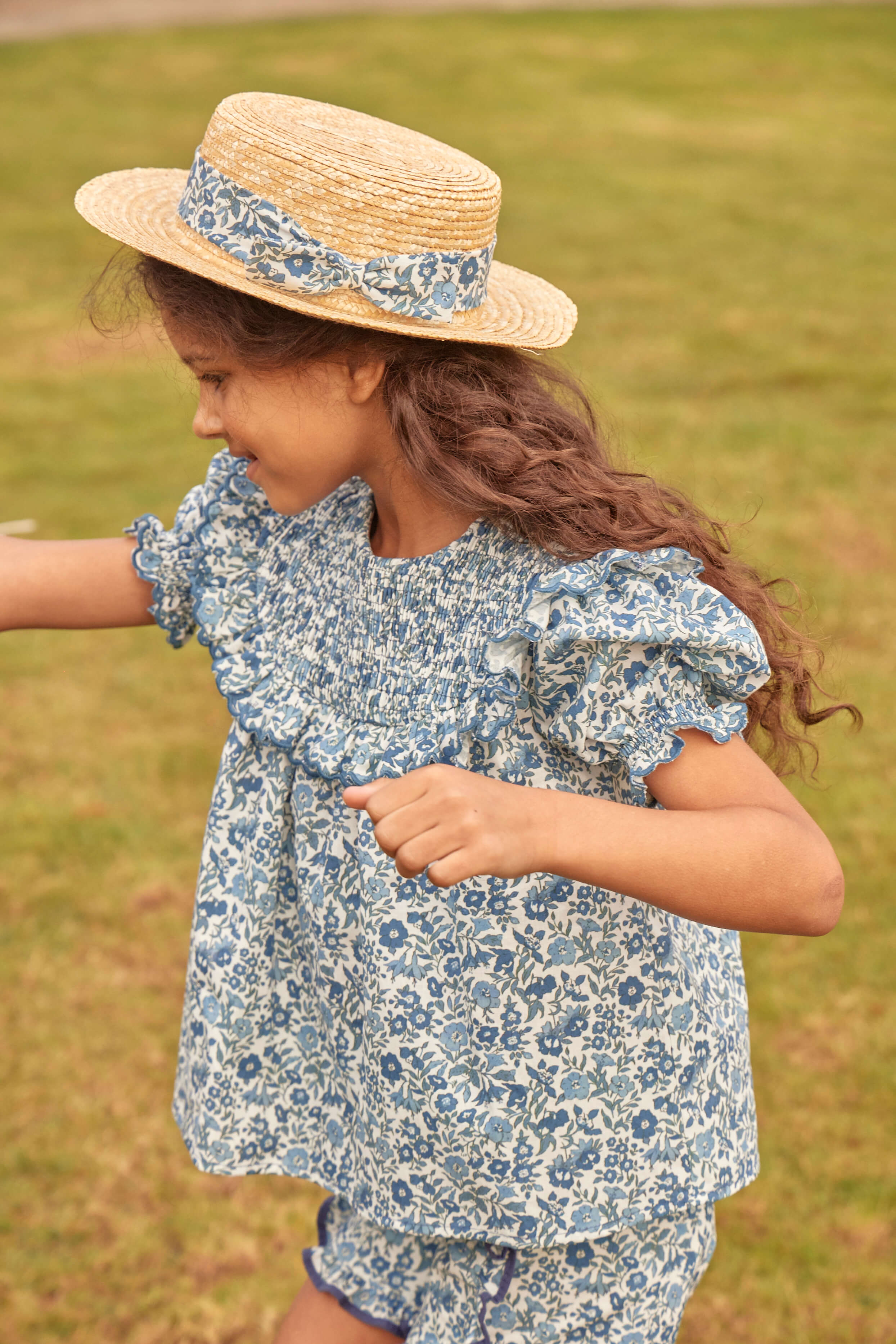 Daphne Floral Print Bow Detail Straw Hat in Blue (XS-M) Accessories  from Pepa London