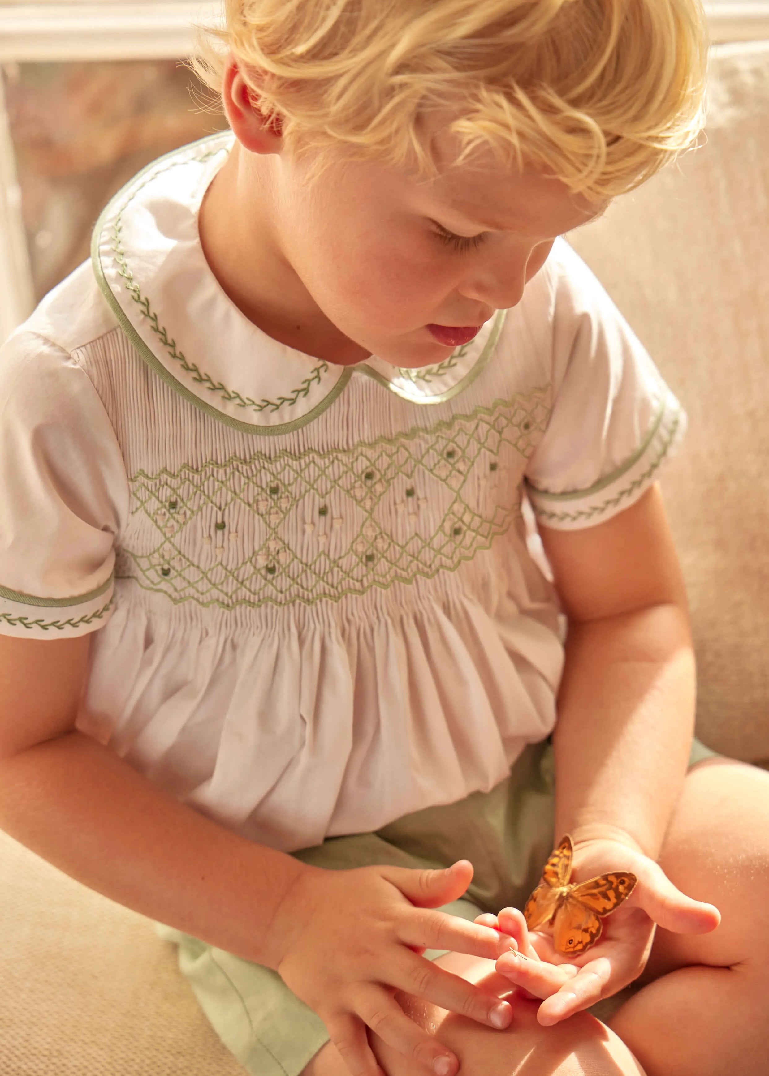 Hand Smocked Peter Pan Collar Short Sleeve Two Piece Set in Green (18mths-6yrs) TWO PIECE SETS from Pepa London
