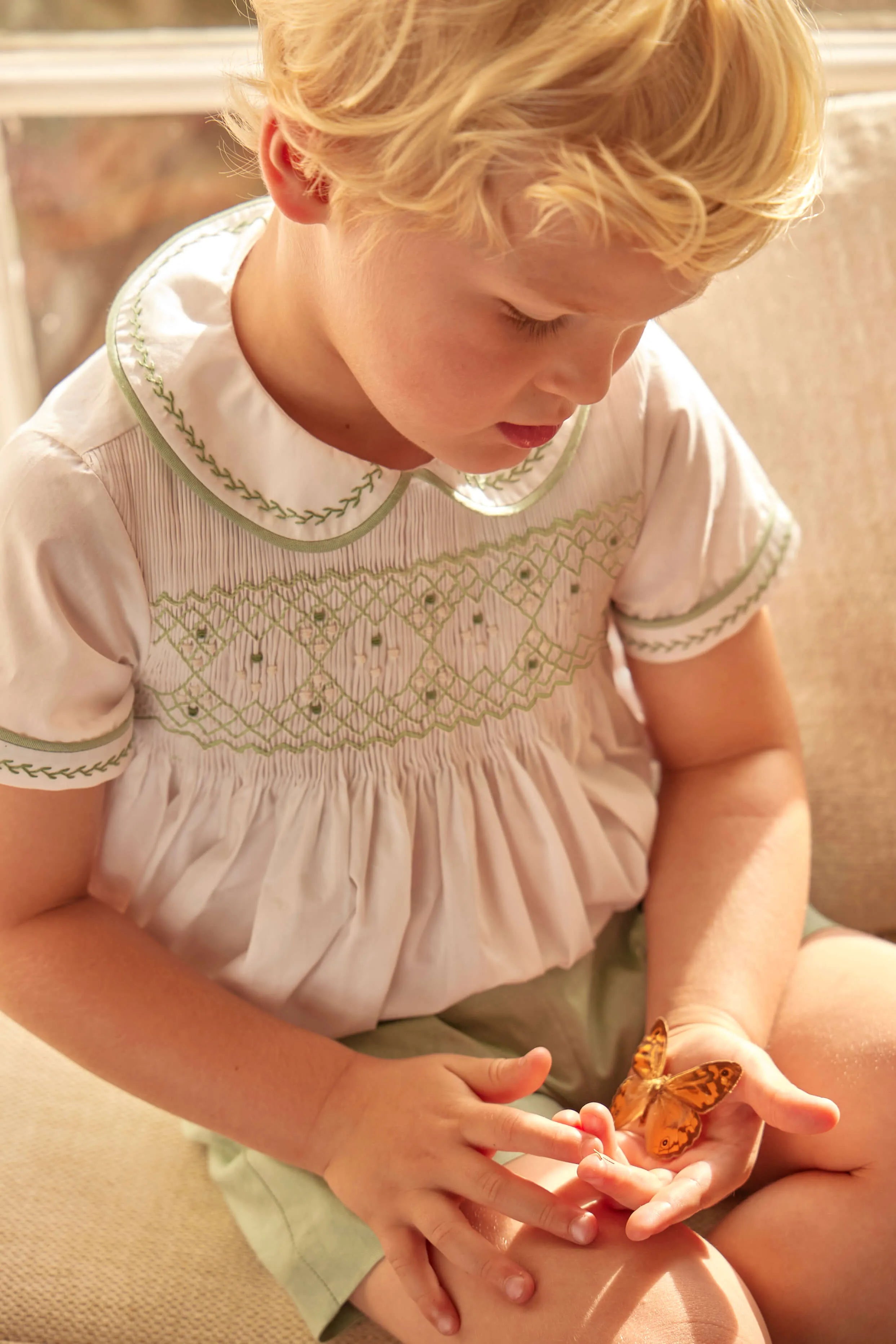 Hand Smocked Peter Pan Collar Short Sleeve Two Piece Set in Green (18mths-6yrs)
