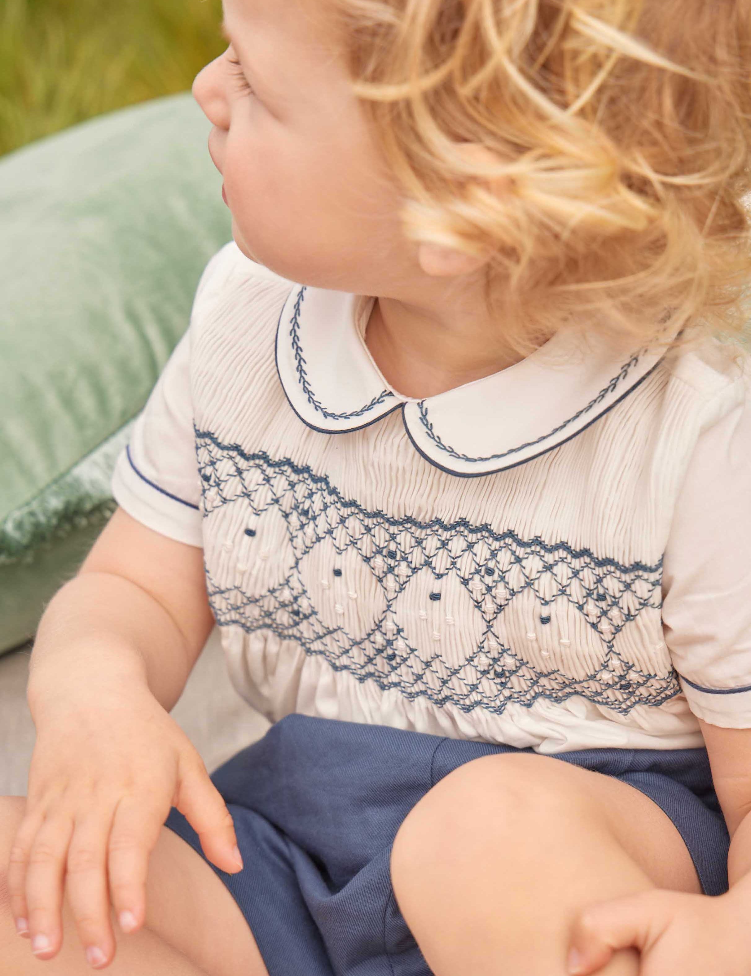 Hand Smocked Short Sleeve Two Piece Set in Royal Blue (18mths-5yrs) Two Piece Set  from Pepa London