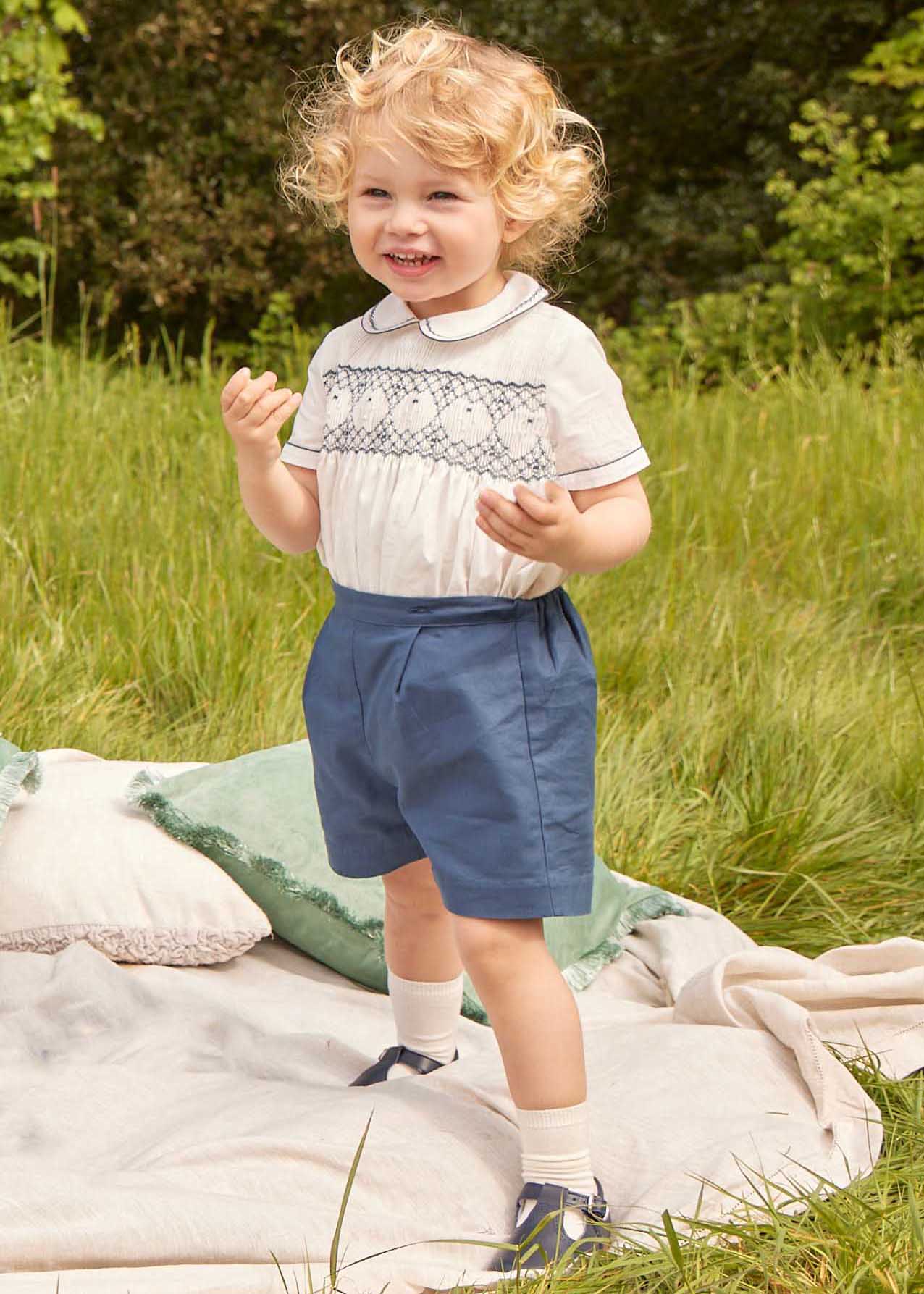 Hand Smocked Short Sleeve Two Piece Set in Royal Blue (18mths-5yrs) Two Piece Set  from Pepa London