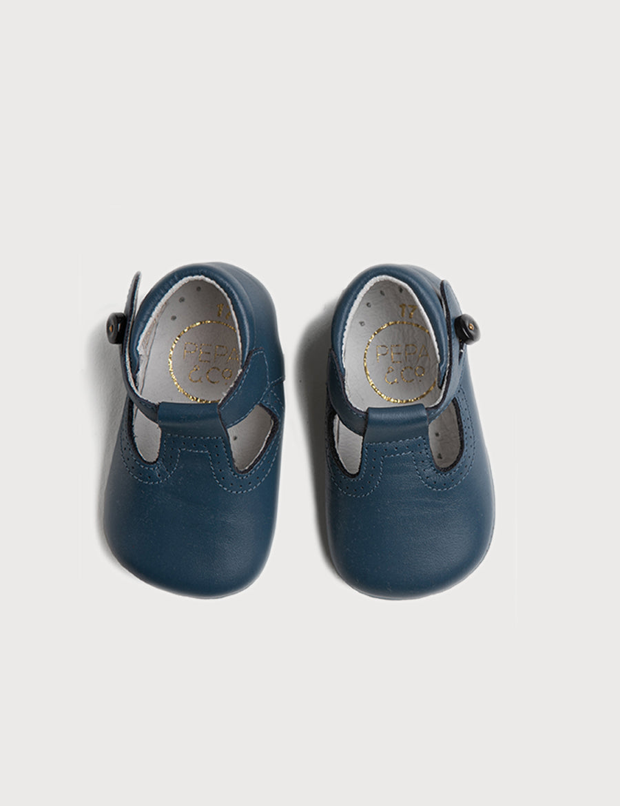 Leather T-Bar Pram Shoes in Classic Blue (17-20EU) Shoes  from Pepa London