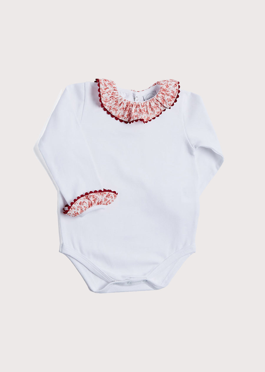 White Cotton Bodysuit with Red Floral Collar Tops & Bodysuits  from Pepa London