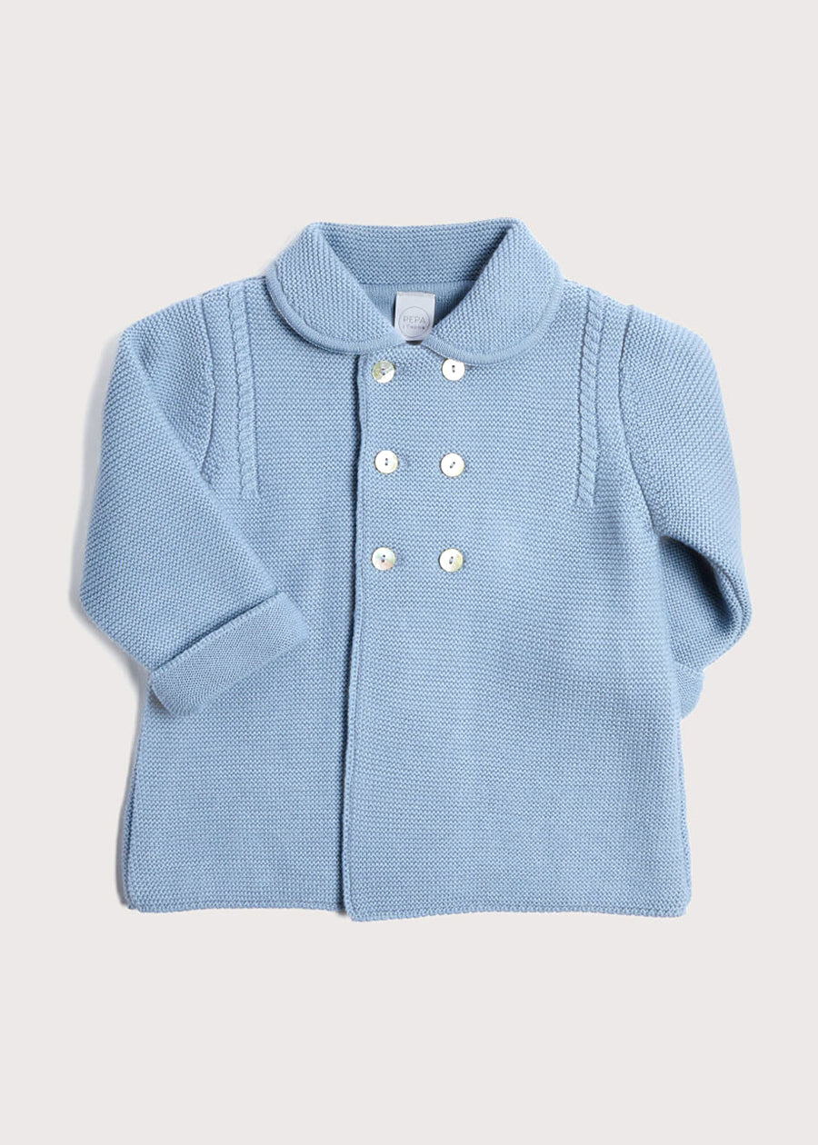 Double Breasted Knitted Buttoned Coat in Blue (6mths-2yrs) Knitwear  from Pepa London