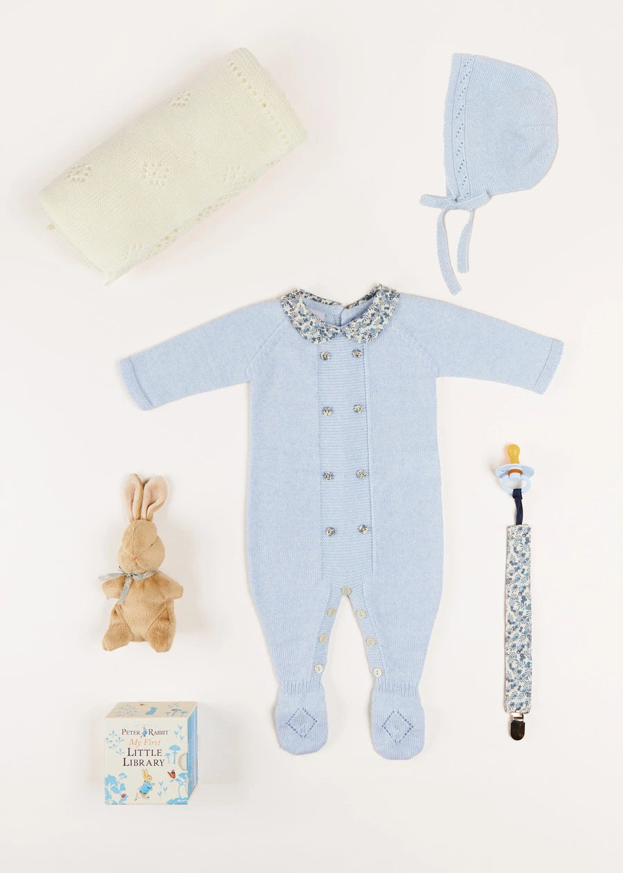 Evelyn Floral Peter Pan Collar Knitted All-In-One in Blue (1-6mths) Baby One-Pieces  from Pepa London