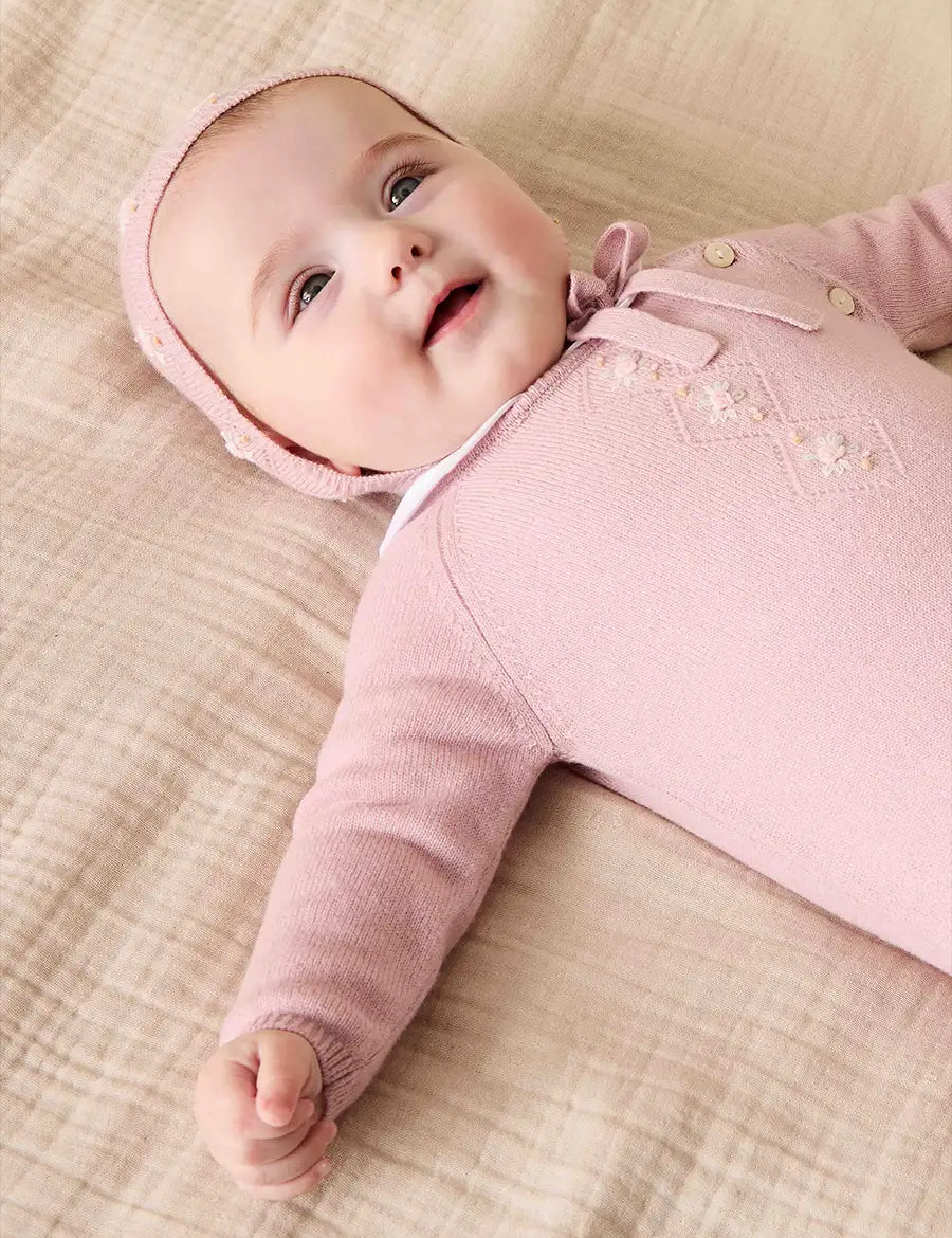 Knitted Floral Hand Embroidered All In One in Dusty Pink (1-12mths) Knitwear from Pepa London