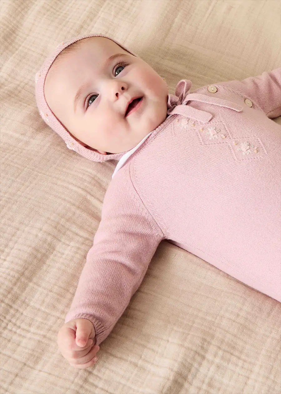 Knitted Floral Hand Embroidered All In One in Dusty Pink (1-12mths) Knitwear from Pepa London