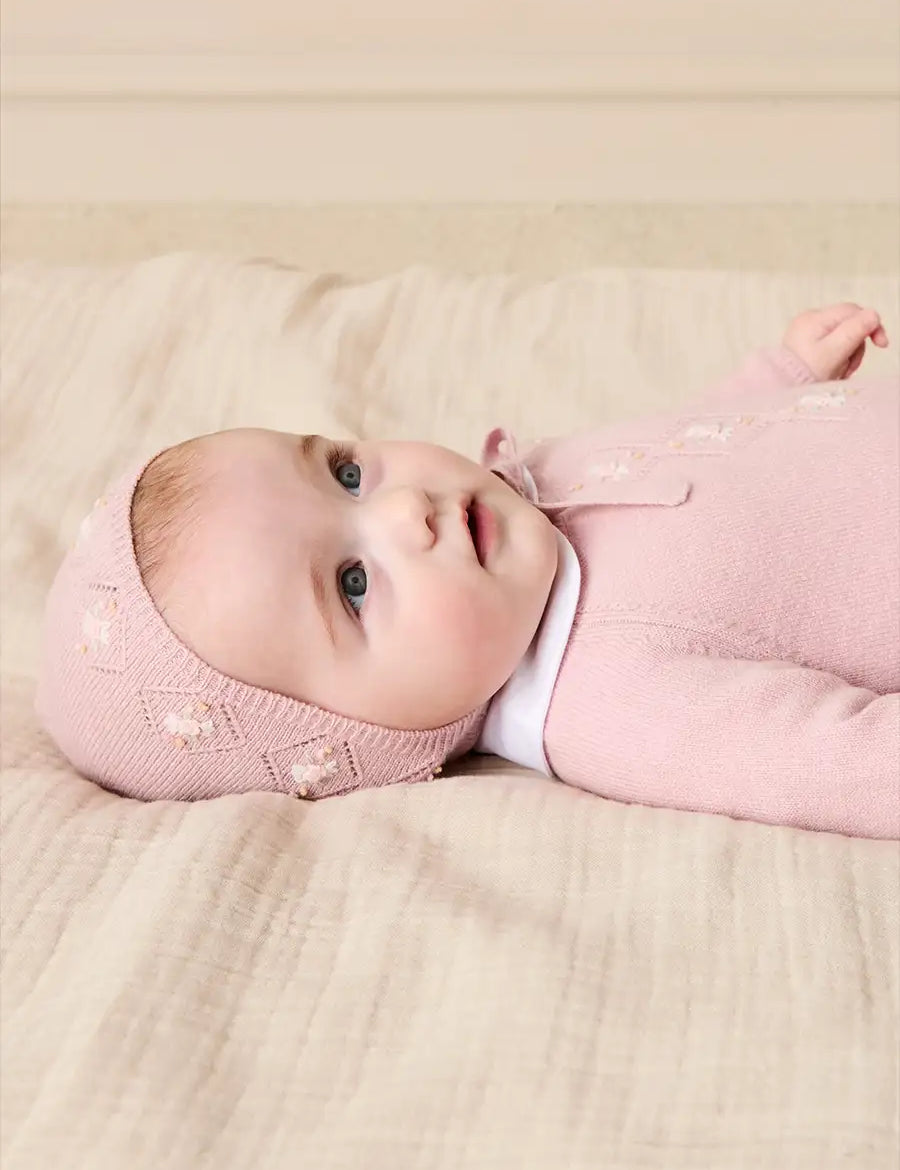 Openwork Knitted Bonnet in Pink (S-L) Knitted Accessories from Pepa London