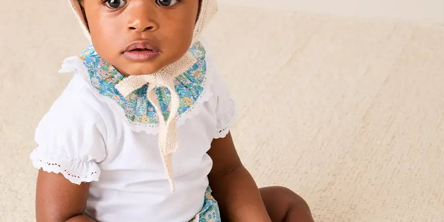 Leontyne Floral Ruffle Collar Lace Detail Bodysuit in Blue Made with Liberty Fabric (1mth-3yrs) Tops & Bodysuits from Pepa London