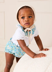 Leontyne Floral Ruffle Collar Lace Detail Bodysuit in Blue Made with Liberty Fabric (1mth-3yrs) Tops & Bodysuits from Pepa London