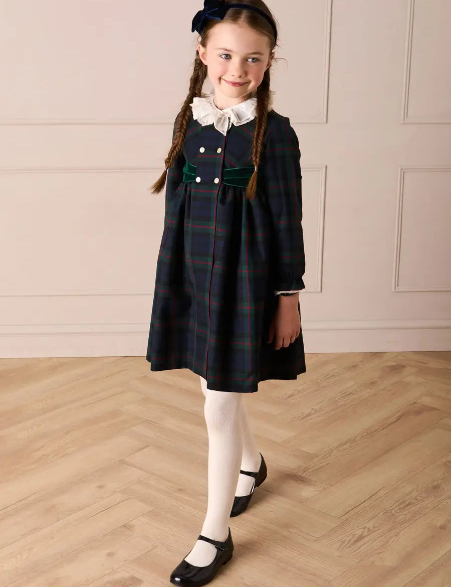 Kinnerton Tartan Double Breasted Velvet Bow Dress in Green (12mths-12yrs) Dresses from Pepa London