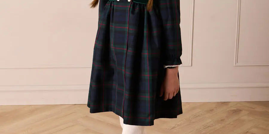 Kinnerton Tartan Double Breasted Velvet Bow Dress in Green (12mths-12yrs) Dresses from Pepa London