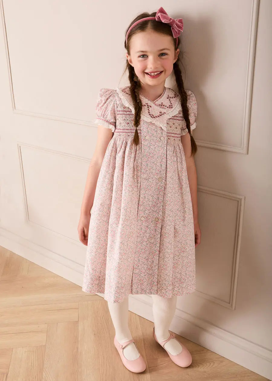 Adelaide Floral Double Breasted Embroidered Long Sleeve Dress in Pink (18mths-10yrs) Dresses from Pepa London