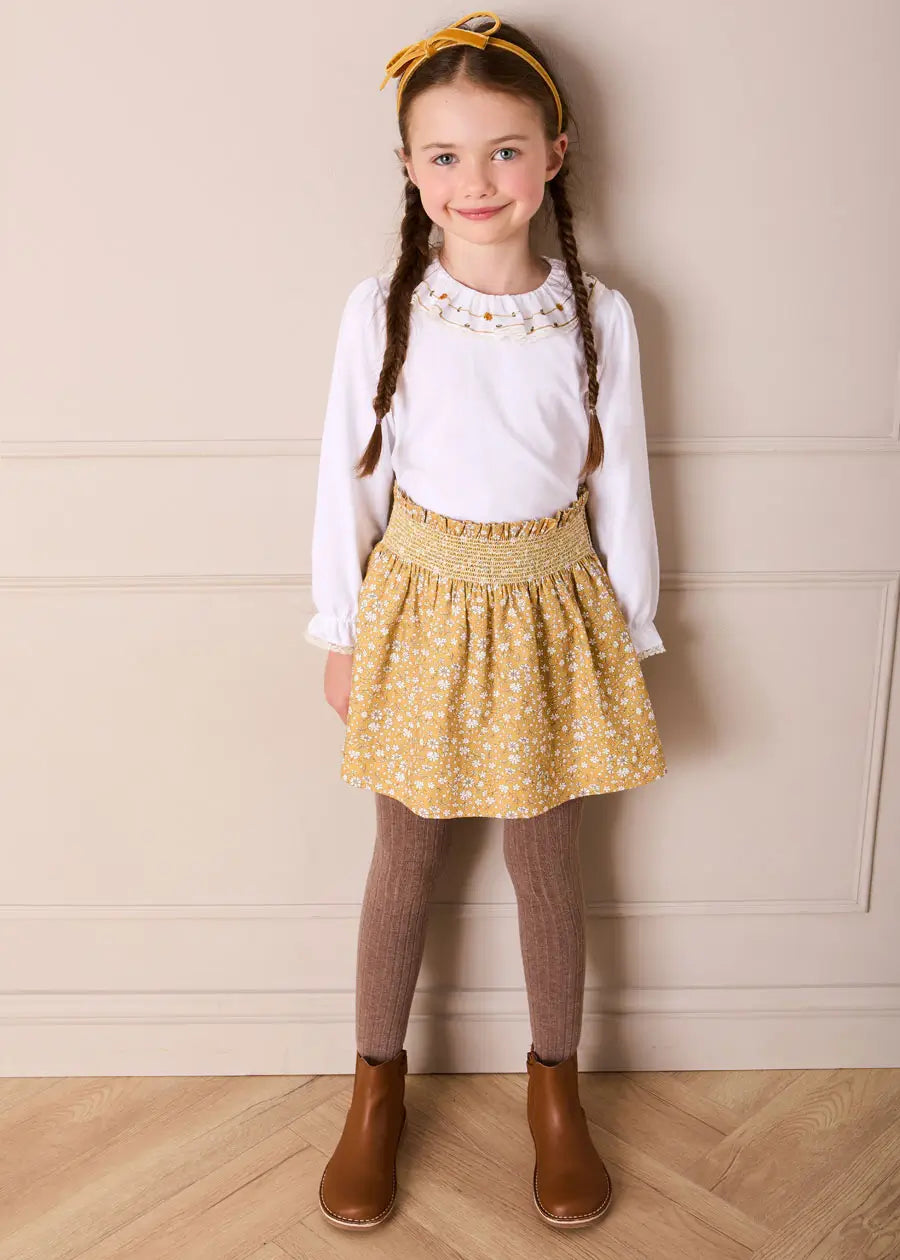 Abigail Floral Smocked Waist Skirt in Mustard (4-10yrs) Skirts from Pepa London