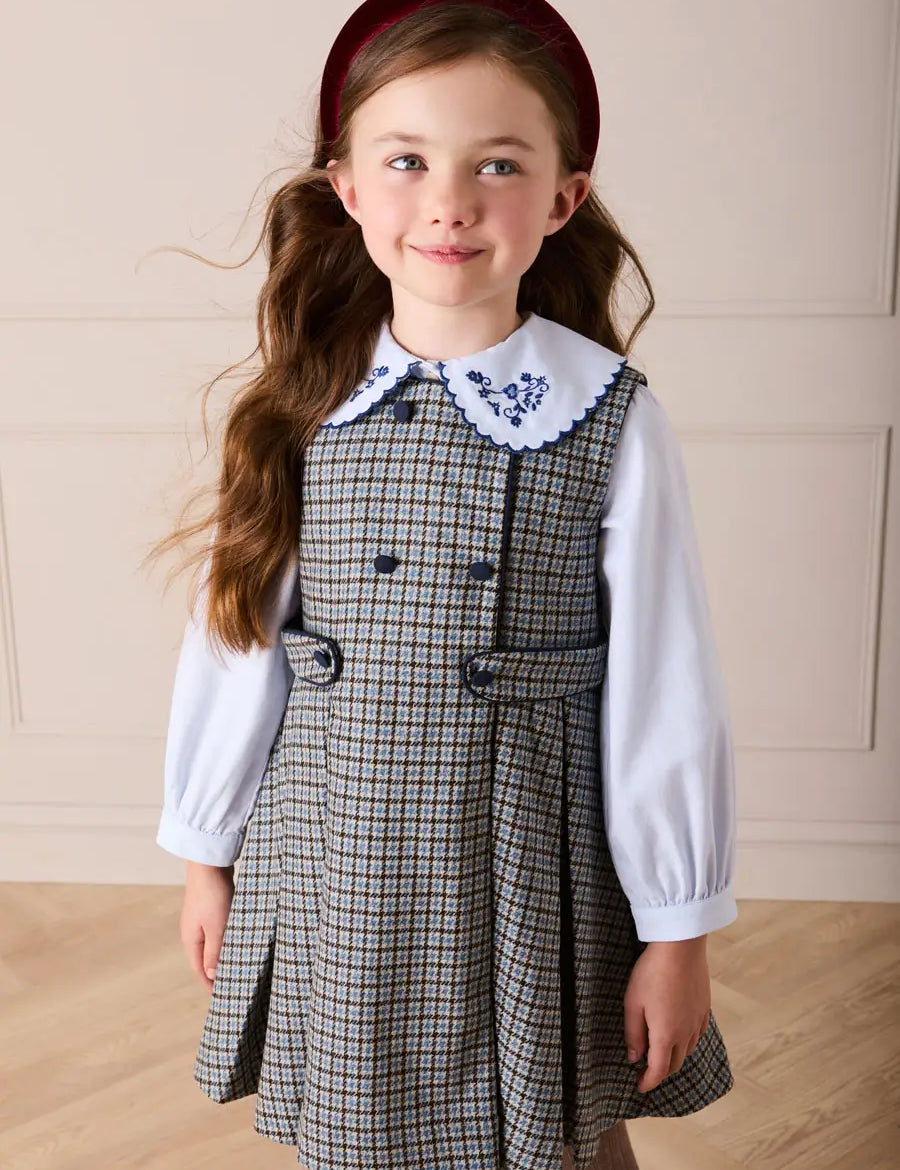 Clermont Houndstooth Jacquard Pinafore Dress in Blue (18mths-12yrs) Dresses from Pepa London