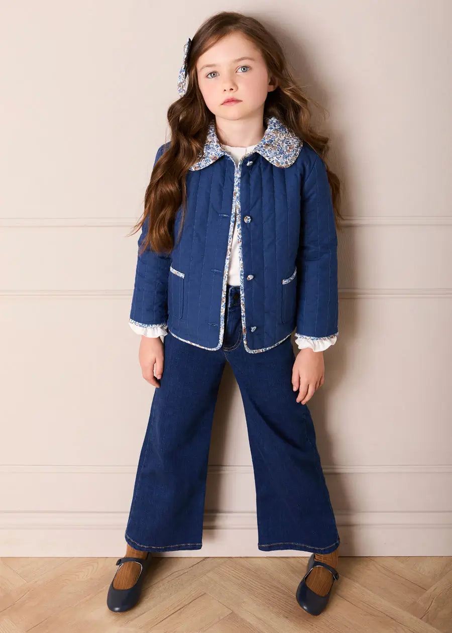 Beatrice Floral Reversible Quilted Jacket in Blue (3-10yrs) Coats from Pepa London