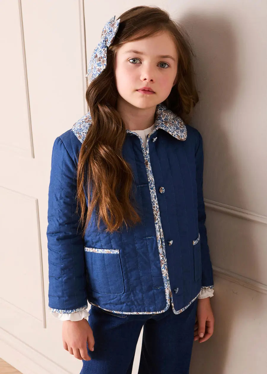 Beatrice Floral Reversible Quilted Jacket in Blue (3-10yrs) Coats from Pepa London