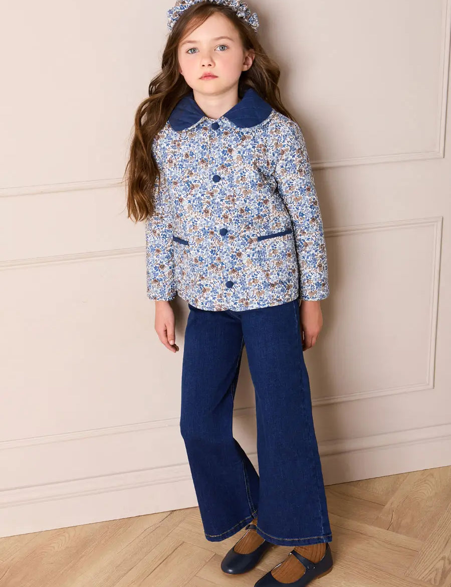 Beatrice Floral Reversible Quilted Jacket in Blue (3-10yrs) Coats from Pepa London