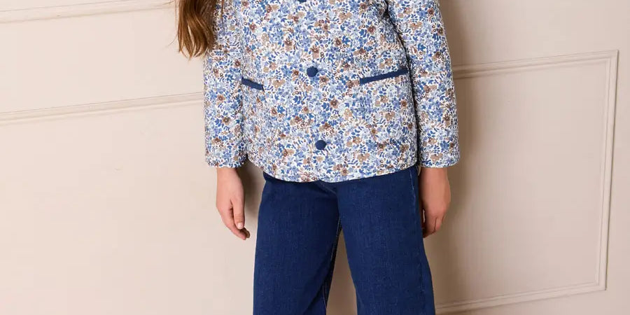 Beatrice Floral Reversible Quilted Jacket in Blue (3-10yrs) Coats from Pepa London