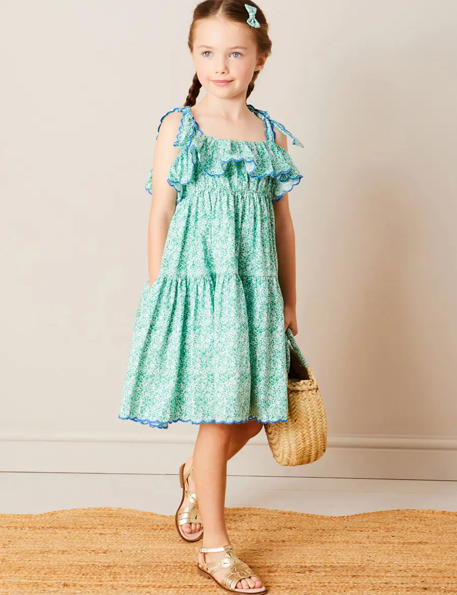 Adelaide Floral Tiered Tie Strap Dress in Green (4-12yrs) DRESSES from Pepa London
