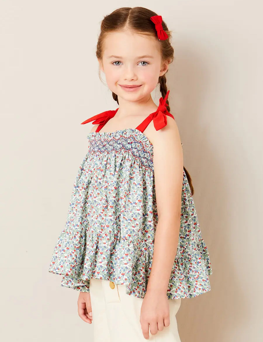 Evelyn Floral Smock Detail Tie Strap Blouse in Red (4-10yrs) BLOUSES from Pepa London