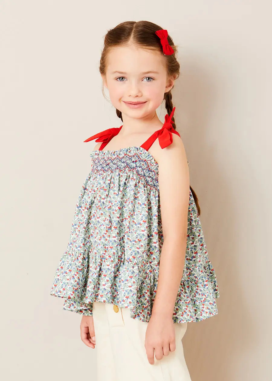 Evelyn Floral Smock Detail Tie Strap Blouse in Red (4-10yrs) BLOUSES from Pepa London