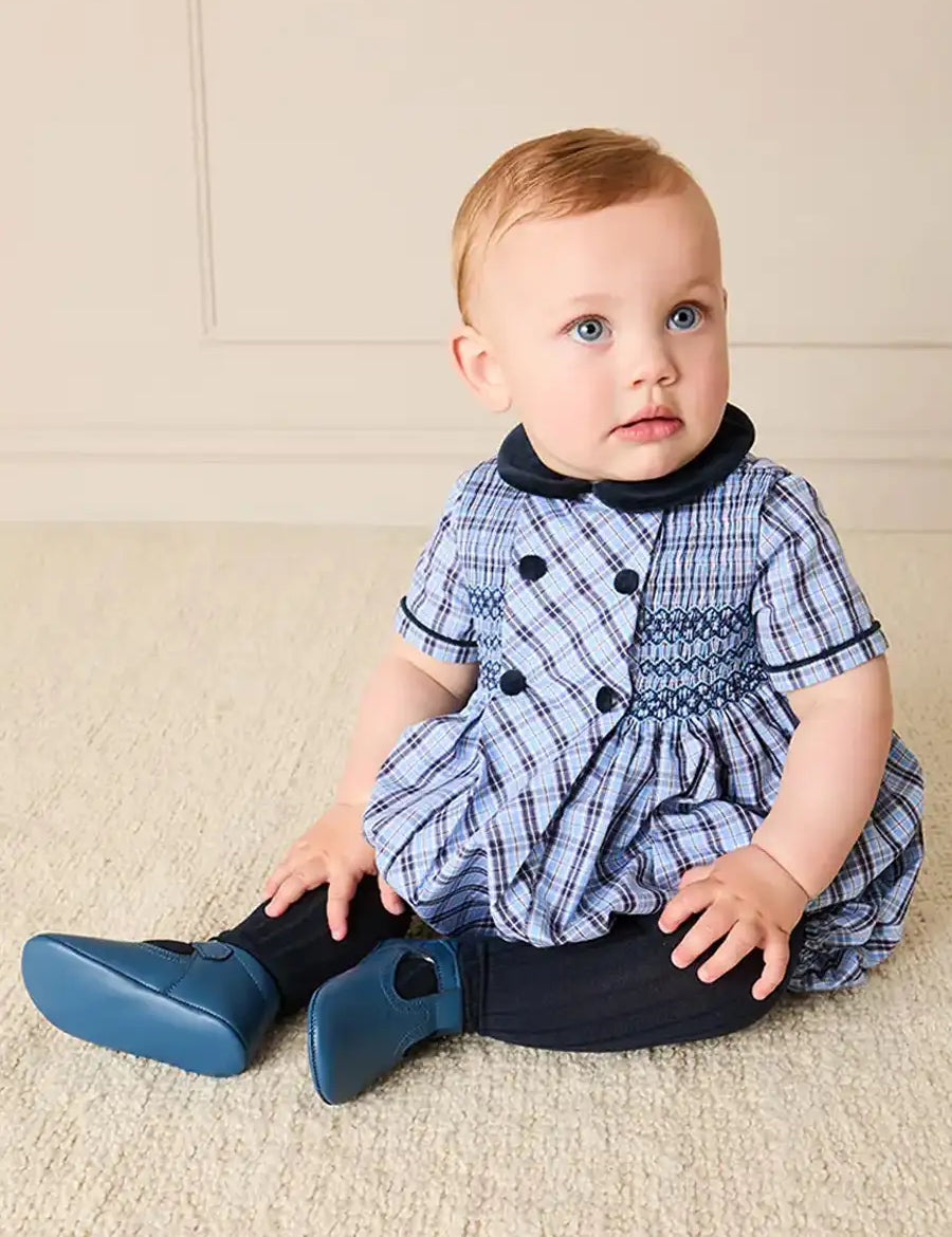 Kingsley Check Hand Smocked Romper in Blue (6mths-3yrs) Rompers from Pepa London