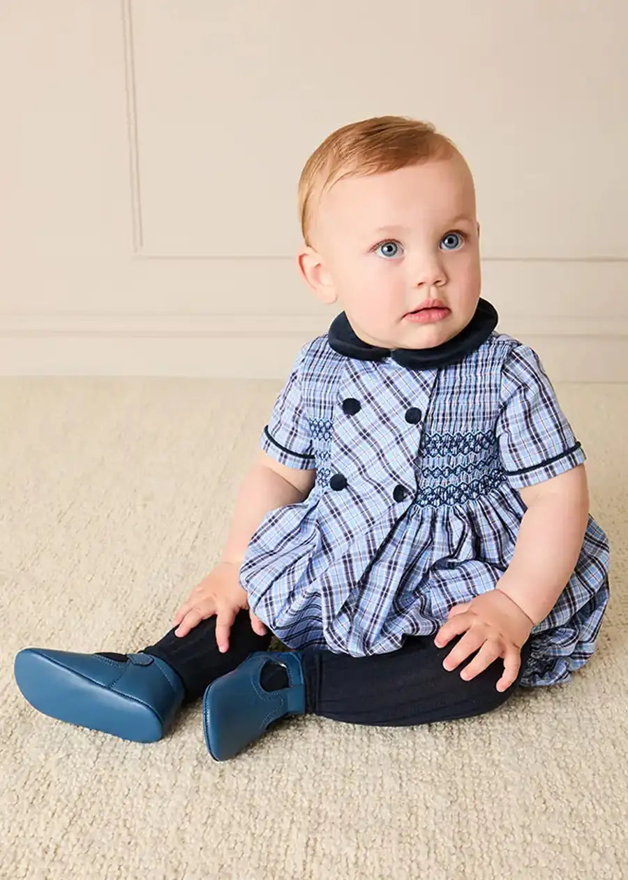 Kingsley Check Hand Smocked Romper in Blue (6mths-3yrs) Rompers from Pepa London