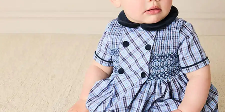 Kingsley Check Hand Smocked Romper in Blue (6mths-3yrs) Rompers from Pepa London