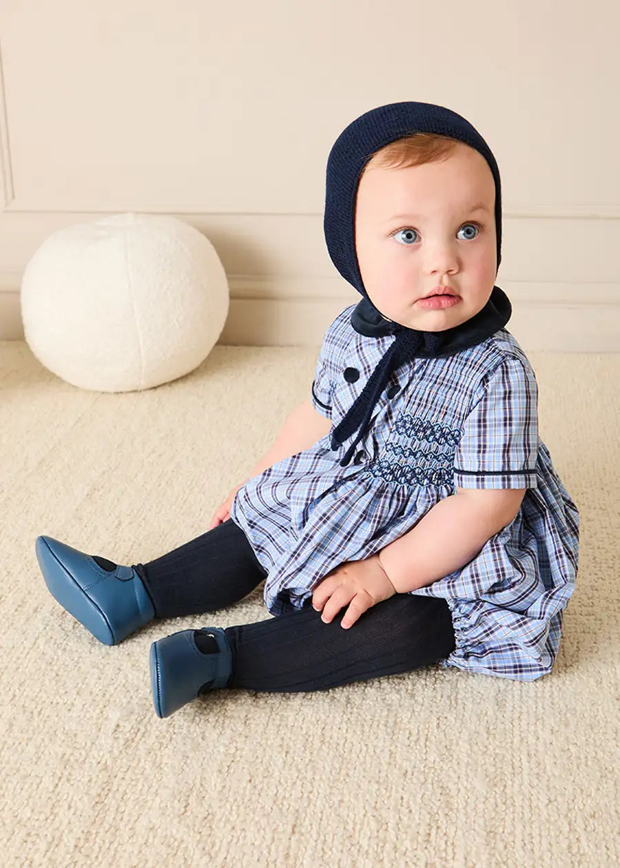 Kingsley Check Hand Smocked Romper in Blue (6mths-3yrs) Rompers from Pepa London
