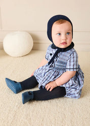 Kingsley Check Hand Smocked Romper in Blue (6mths-3yrs) Rompers from Pepa London
