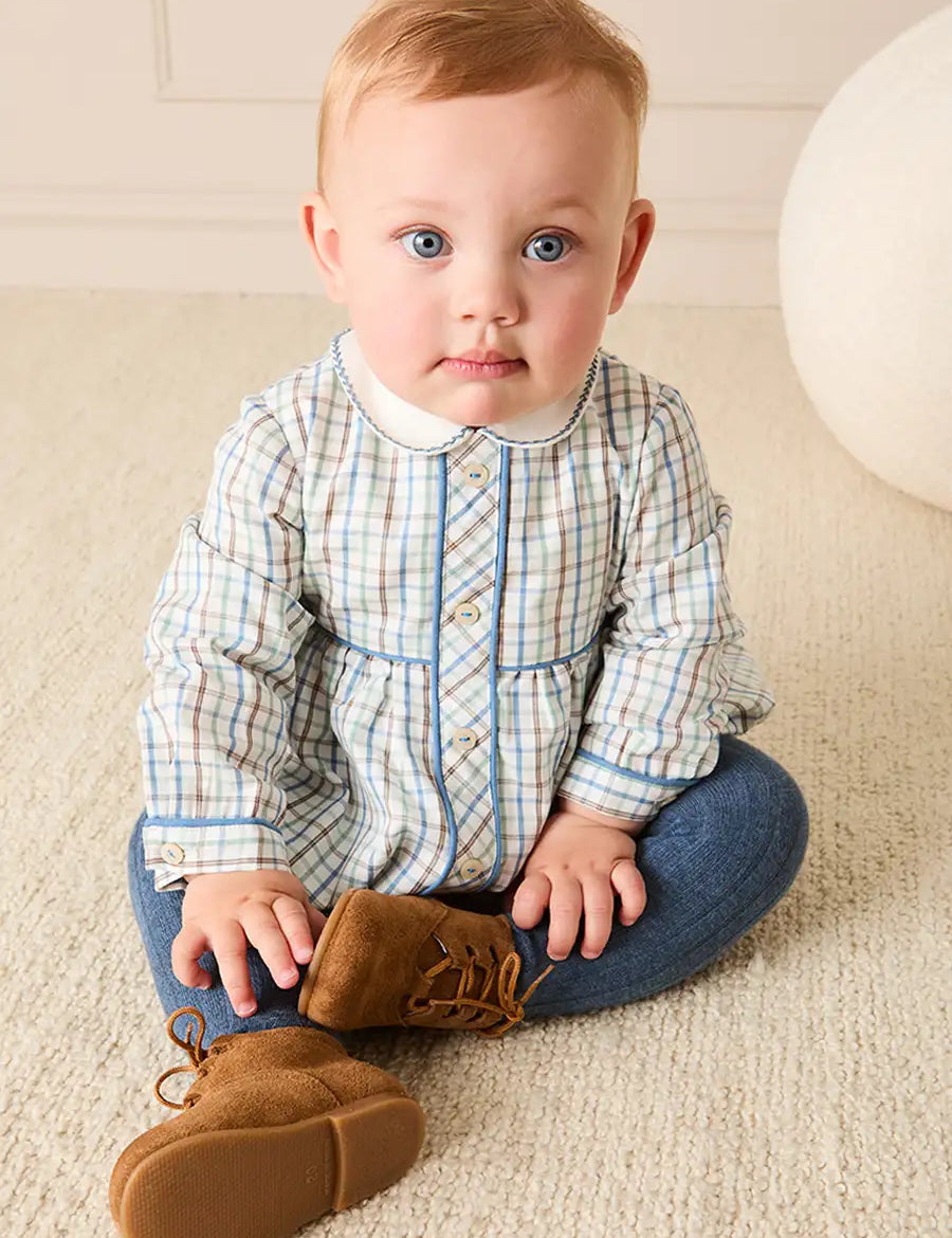 Beaumont Check Long Sleeve Romper in Blue (6mths-3yrs) Rompers from Pepa London