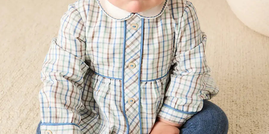 Beaumont Check Long Sleeve Romper in Blue (6mths-3yrs) Rompers from Pepa London