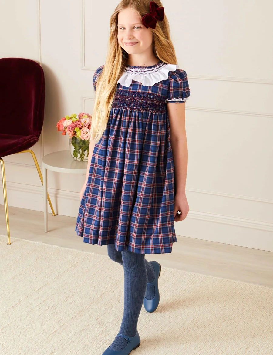 Eaton Checked Hand Smocked Short Sleeve Dress in Navy (12mths-10yrs) Dresses  from Pepa London