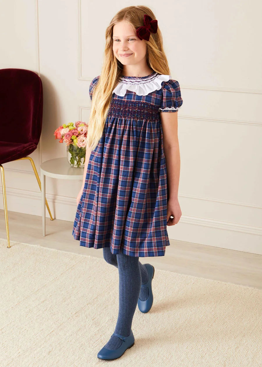 Eaton Checked Hand Smocked Short Sleeve Dress in Navy (12mths-10yrs) Dresses  from Pepa London