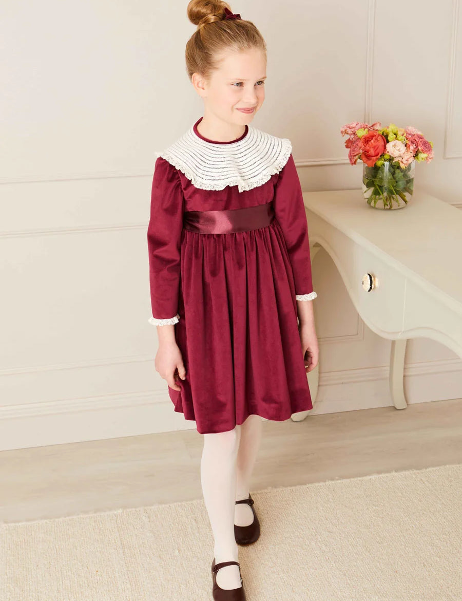 Velvet Handmade Collar Long Sleeve Dress in Burgundy (2-10yrs) Dresses  from Pepa London