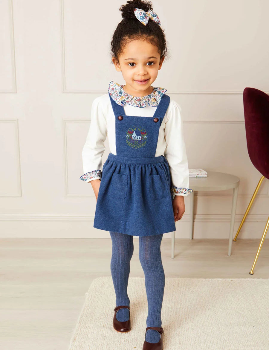 Wool Embroidered Skirt with Braces in Blue (12mths-3yrs) Skirts  from Pepa London